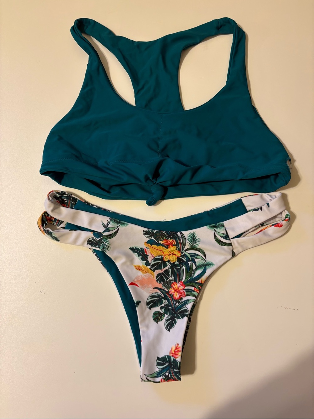 Teal Racerback Bikini Top with White Tropical Floral Bottom